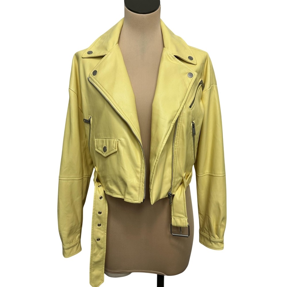 Avec Les Filles Womens XS Vegan Leather Moto Jacket Yellow Belted Asymmetric Zip